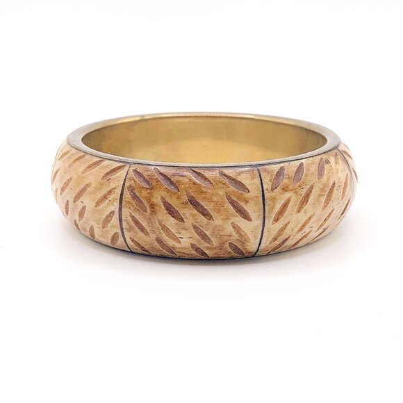 Set of 2 Vintage Hand-Carved Wood Bangles with Brass Interiors – 1" Wide - Picture 15 of 16